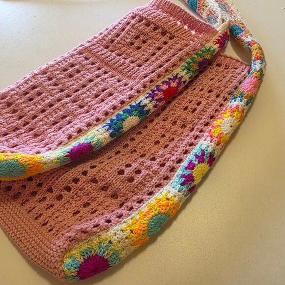 Pink Crochet Granny Square Shoulder Bag Knit Hobo Hippie Boho Purse - Picture 2 of 5